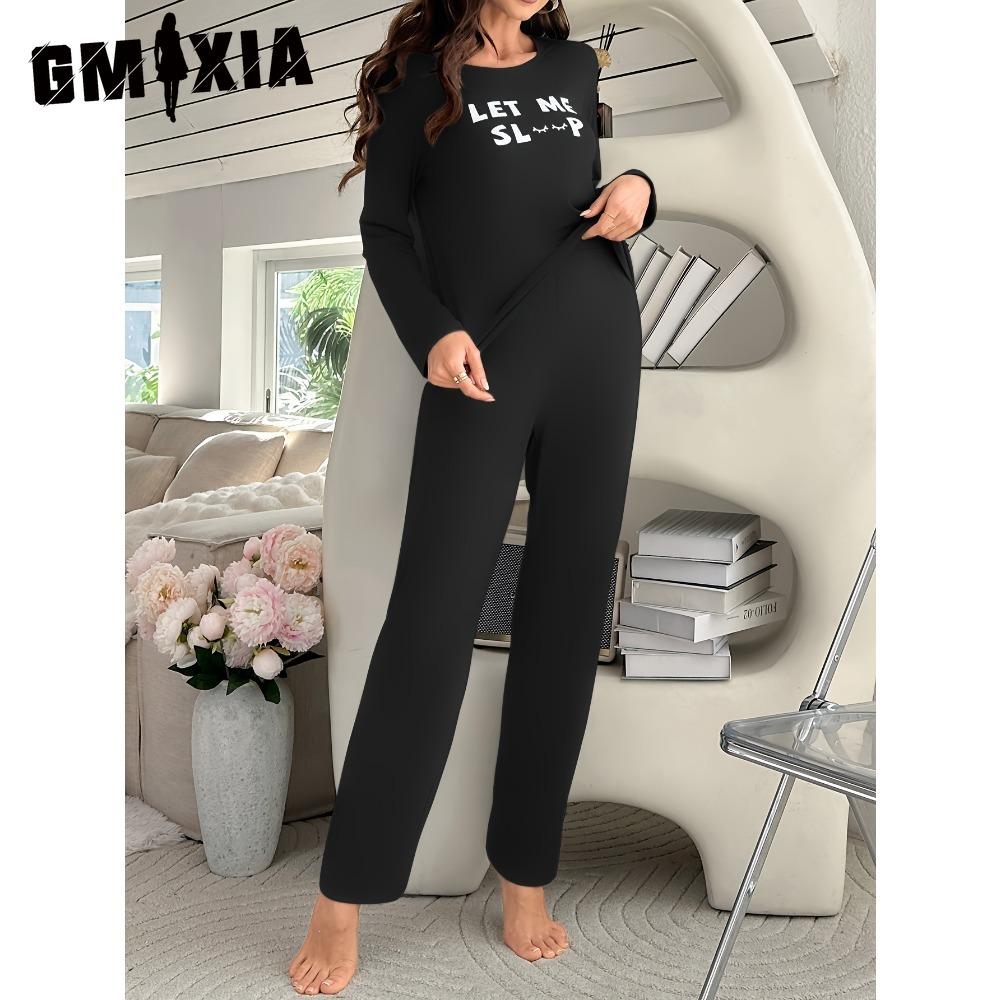 GMXIA Pyjamas Homewear Letters Long-sleeved Tops and Trousers Loose Casual Comfortable Two-piece Set Can Be Worn Outside