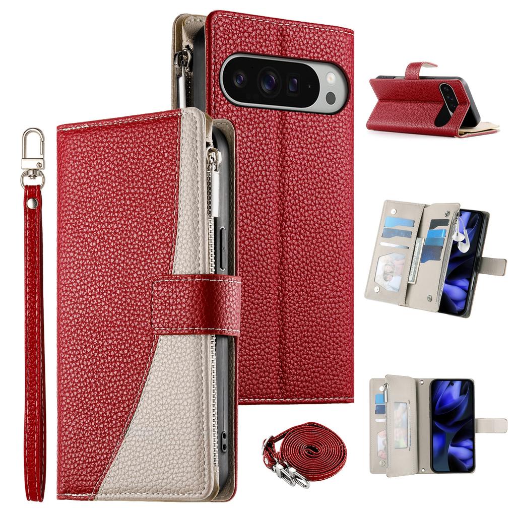 For Google Pixel 10 Pro XL/Pixel 9 Pro XL Case Zipper Wallet Color Splicing Leather Flip Phone Cover with Straps