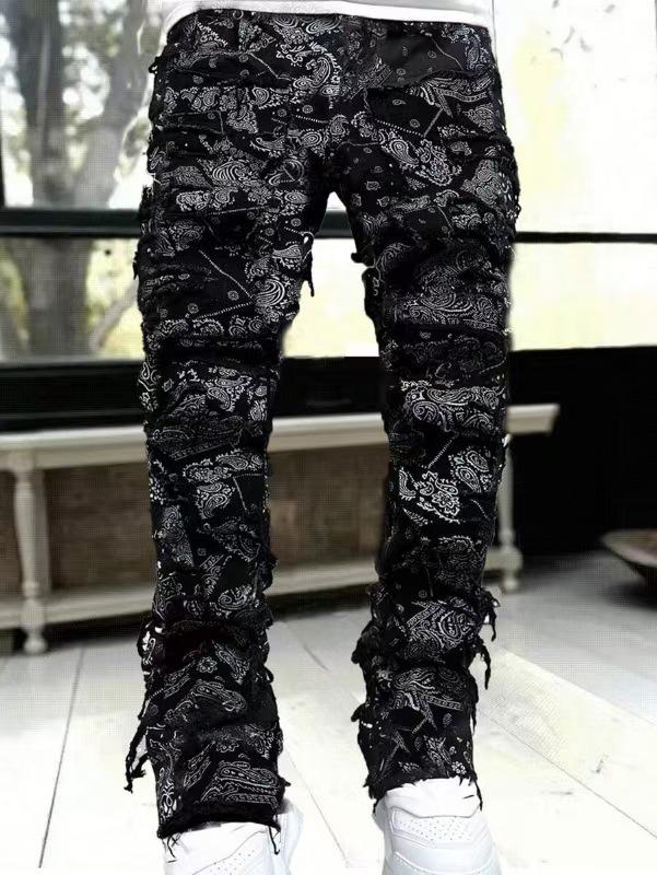 Men's Elastic Patch Straight Jeans - European and American Street Style, Hot-Selling Fashion