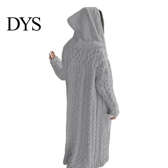 Hooded Coat Women Sweater Jacket with Pockets Mid Length Knitted Twisted Texture Solid Winter Color Long Sleeve Plus Size Thick Daily Commuting