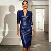 Langarm Übergröße PU Vintage Neu in Kleidern für Damen Lässig Frühling Herbst Bleistiftkleid