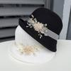 Ladies Elegant Curled Top Hat Pearl Diamond Buckle Decorative Basin Hat Spring and Summer Thin Knitted Breathable Sun Hat
