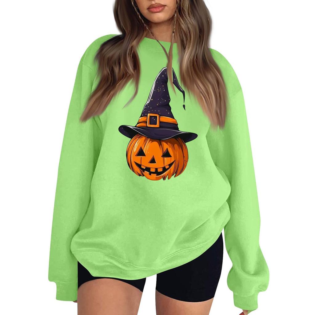 Women's Neck Long Sleeve Loose Fit Casual Sweatshirt Pullover Top with Halloween Print