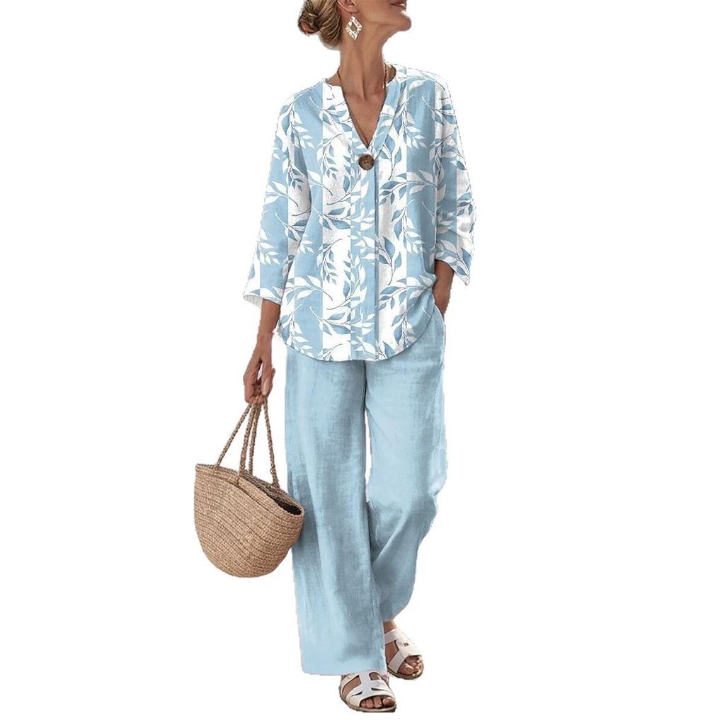 Hot-selling women's suit large size loose V-neck printed shirt summer casual vacation wear two-piece suit women