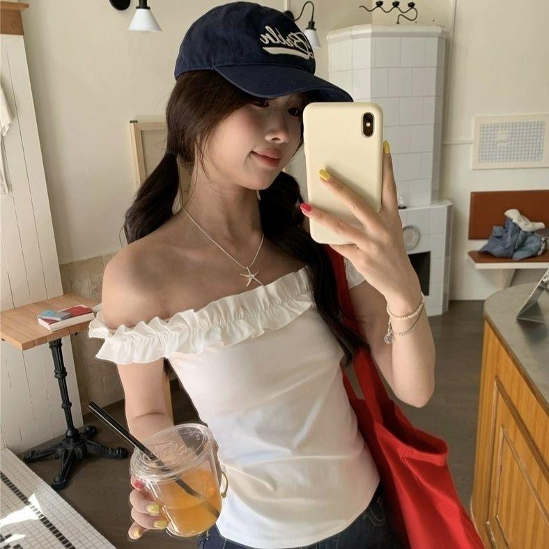 

Pure desire one-word shoulder T-shirt women s summer new design sense fungus edge slim-fitting sweet Spice Girl Korean top s ( 40-45kg )