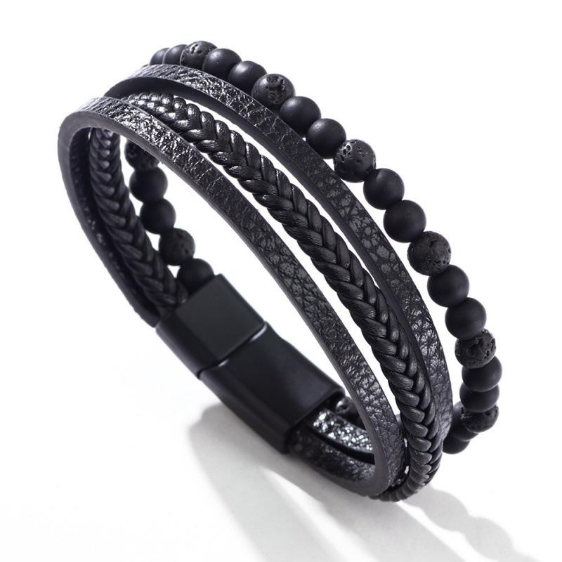 Men's Woven Tiger Eye Magnetic Buckle Bracelet - Natural Stone & PU Leather Retro Design