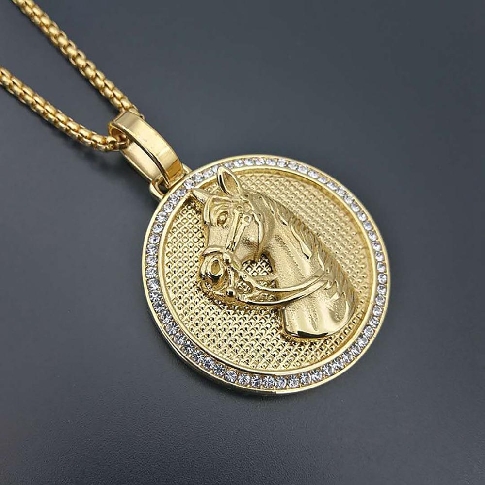 Punk Iced Out Bling Horse Head Pendant Gold Color Stainless Steel Zircon Animal Round Necklace For Men Jewelry Male Gift 2025