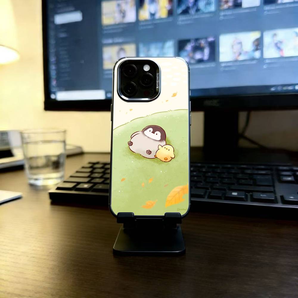 Penguin Kawaii Cute Cartoon Phone Case For iPhone 17,16,15,14,13,12,11 Plus,Pro Max,XS,Colored Silver Plated Inside Cover
