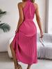 Women Elegant Stand Collar Sleeveless High Waist Pleated Solid Color Long Dress