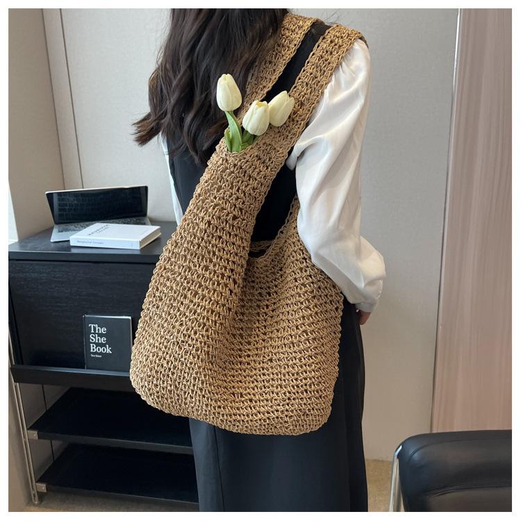 Handtasche Neue Lässige Schultertasche Strandurlaub Große Kapazität Pendler Tragetasche Gewebte Stroh Tragetasche für Damen