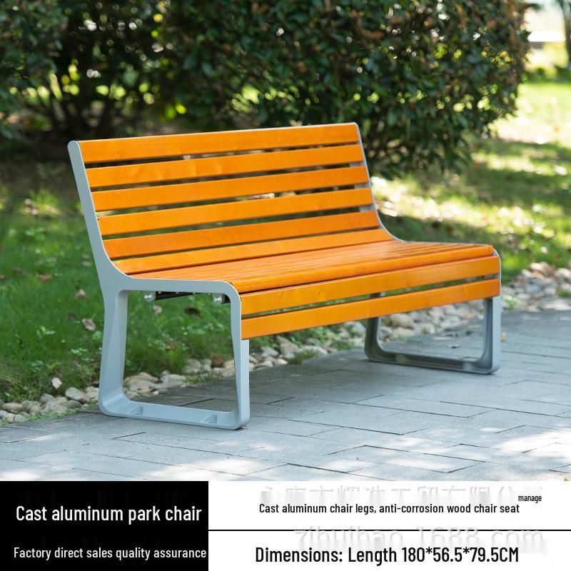 Cast Aluminum Park Bench with Solid Wood Backrest for Outdoor Courtyard