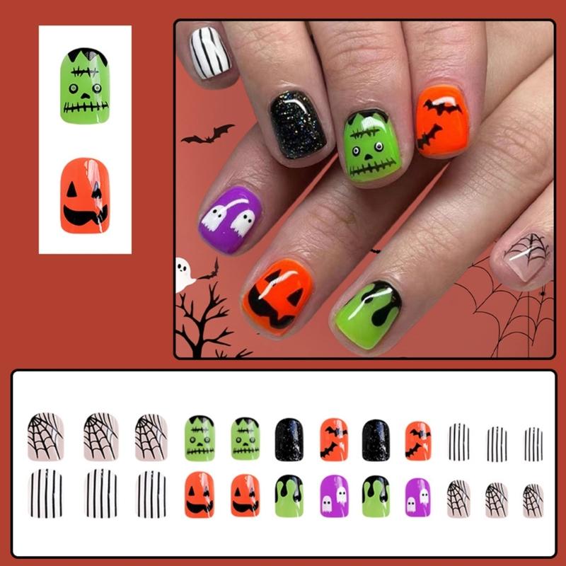 Halloween Cobweb Bat Faux Nail Short Square Manicure Tips Sparkling Press On Nail 24pcs Not Require Adhesive