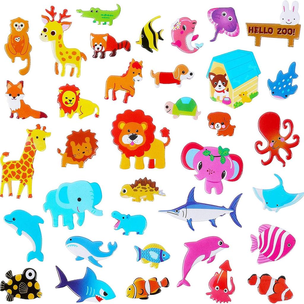 Set of Cute 3D Animal and Ocean Stickers Fluffy and Puffy Animal and Ocean Theme Stickers Perfect for DIY Wall and 14-Piece - - Kids' Projects,