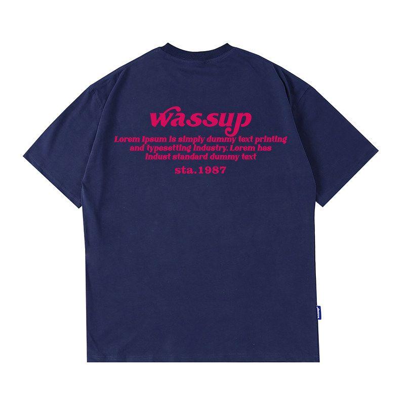 Wassup Heods American-Style Heavy Letter T-Shirt for Men, Summer 2024 New Trendy Brand, Loose Short-Sleeve for Couples