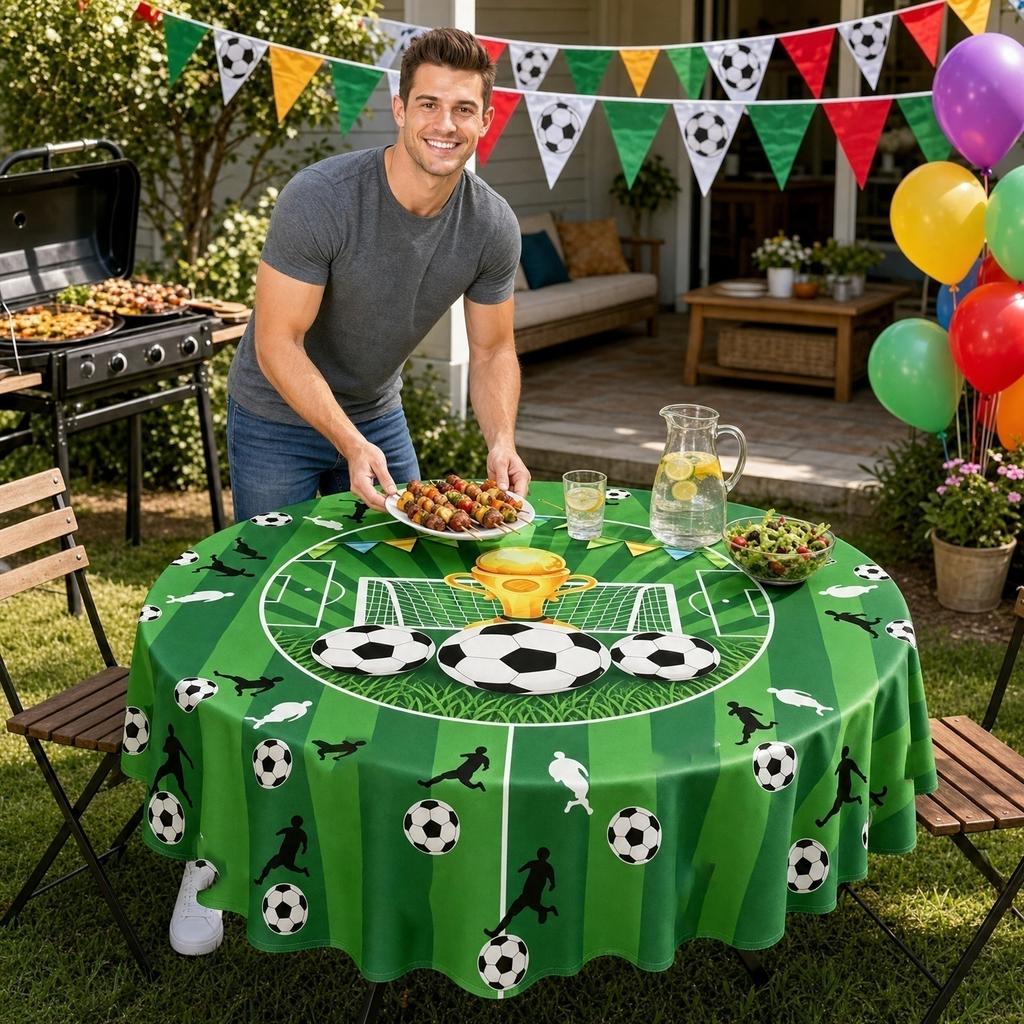 Round Tablecloth with Soccer Trophy and Ball Print for Sports Party Decoration Dining Room Picnic Indoor Outdoor Use