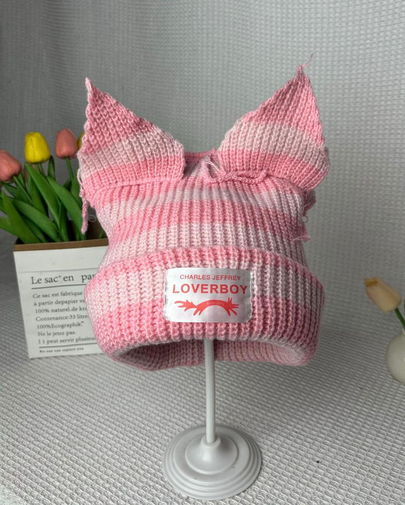 Striped Cat Ear Knit Wool Hat: Autumn/Winter Fashion for Couples