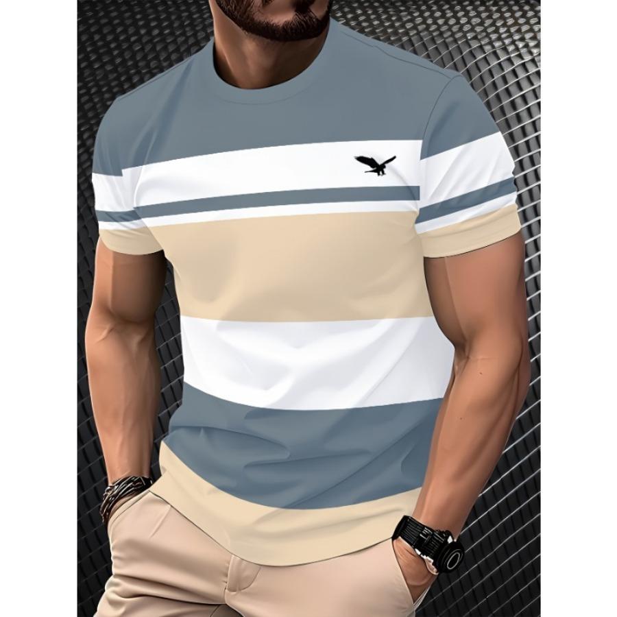 Summer Round Neck 3D Color Block Print Top Fashionable Casual Short Sleeved Men's T-shirts