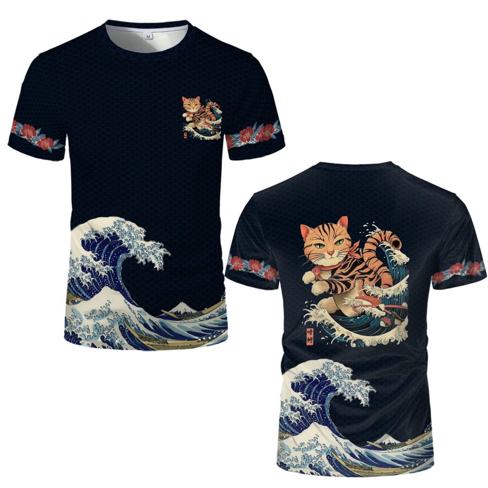 Summer New JapaneseStyle Warrior Cat Graphic T-shirt Fashion Ukiyo-e 3D Printed Casual T-shirt  Outdoor Loose Trendy Tops