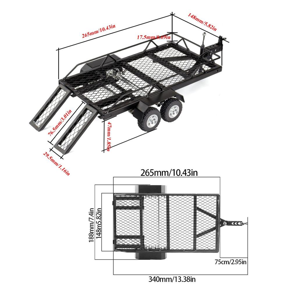 Rimorchio RC, Rimorchio RC in Scala 1/10 per Trainare Dietro un'Auto, Rimorchio Piattaforma in Metallo con Gancio di Traino e Ricevitore per RC Crawler 4 6 SCX10 Gen7 Gen8 Upgra