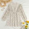EDOLYNSA Sexy Deep V-neck Lace-up Bell Sleeve Knit Mesh Hollow Out Beach Mini Dress 2024 Summer Swimsuit Cover Up Women Casual Tunic K14