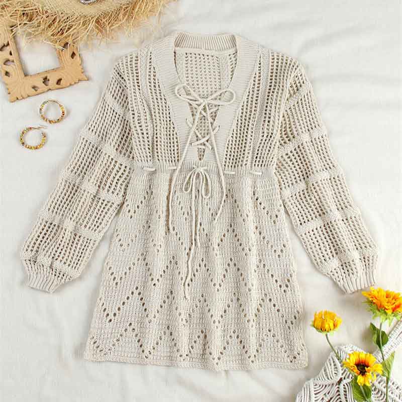 EDOLYNSA Sexy Deep V-neck Lace-up Bell Sleeve Knit Mesh Hollow Out Beach Mini Dress 2024 Summer Swimsuit Cover Up Women Casual Tunic K14
