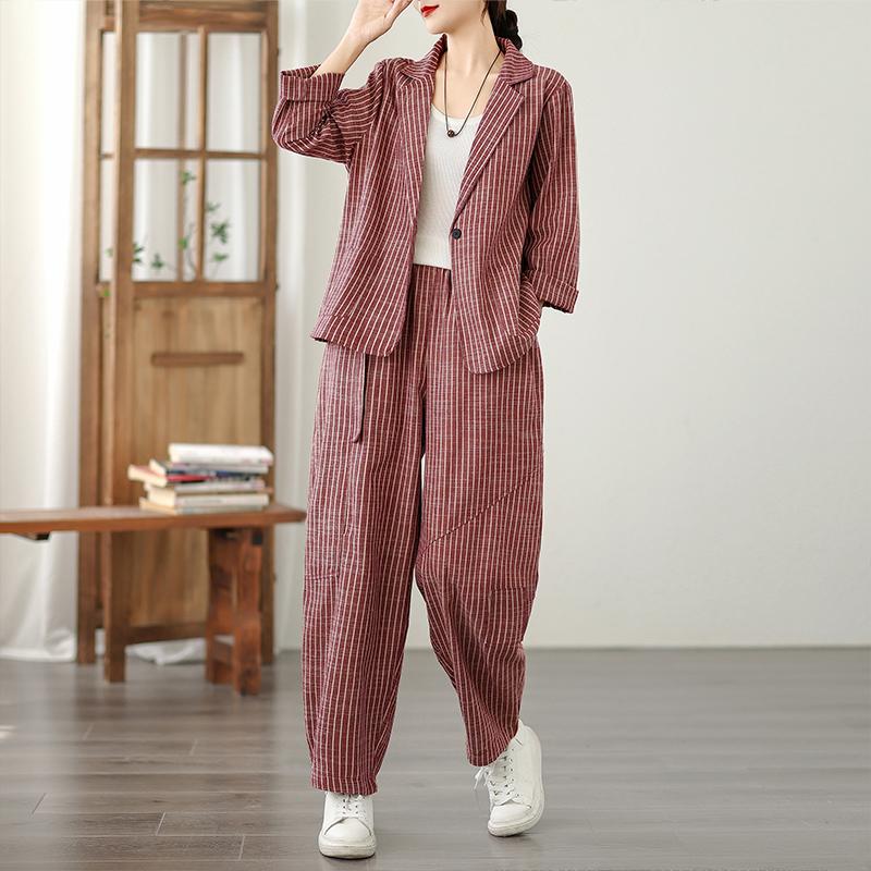 Striped Cotton and Linen Fashion Suit Female Spring and Fall Fashion Literary Leisure Suit Loose Haren Pants Two-piece Set