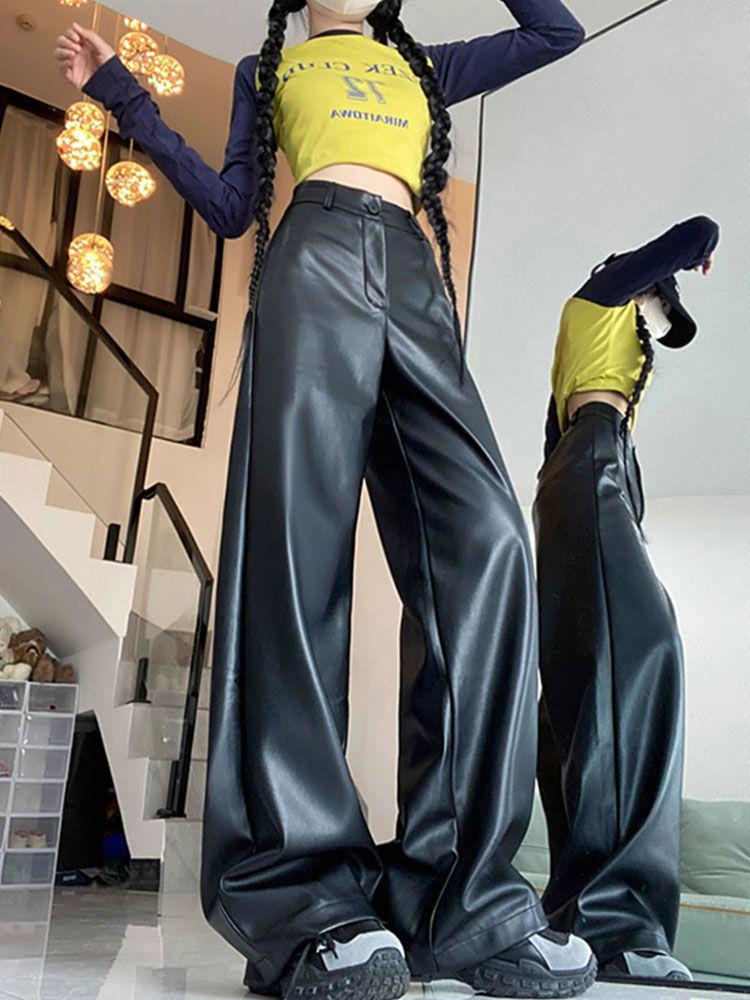 American Retro Plus Size High Waist PU Leather Wide-Leg Pants for Women - Slimming Casual Spring/Autumn Floor-Length Style