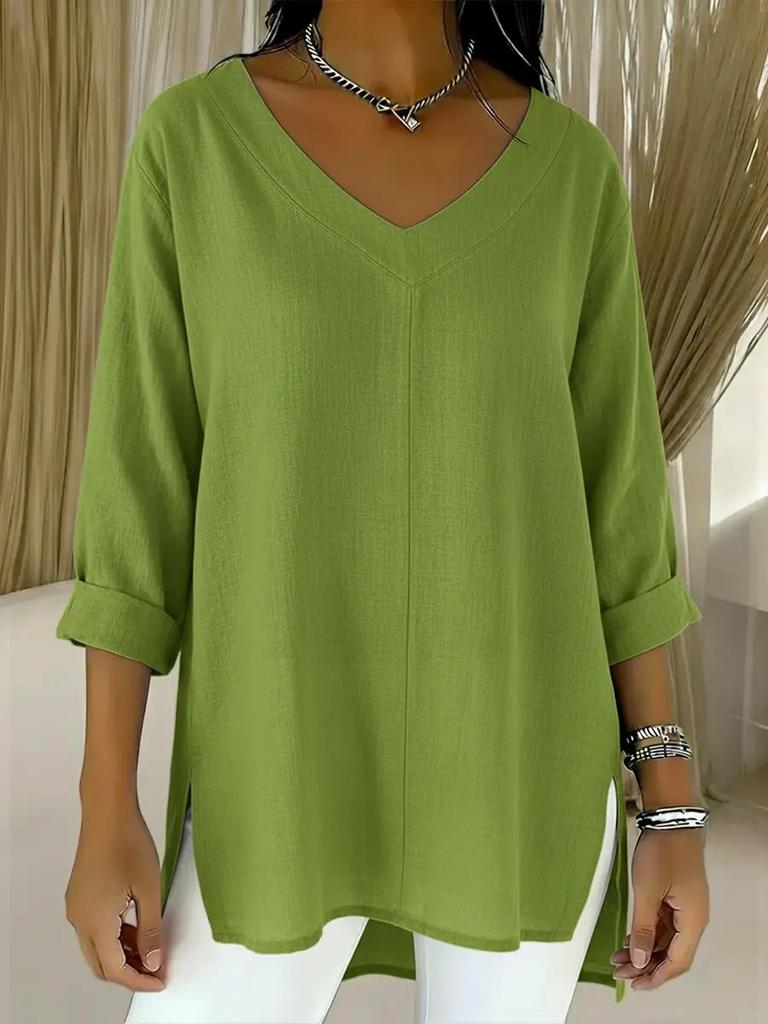 2026 Casual Women's Cotton Linen V-Neck Nine-Sleeve Top