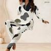 Women Plus Size Blue Printed Front Zip Long Sleeve Longline Top Fitted Pants Two Piece Set