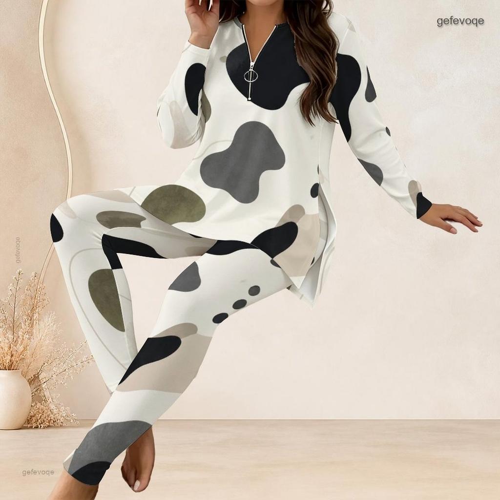 Women Plus Size Blue Printed Front Zip Long Sleeve Longline Top Fitted Pants Two Piece Set