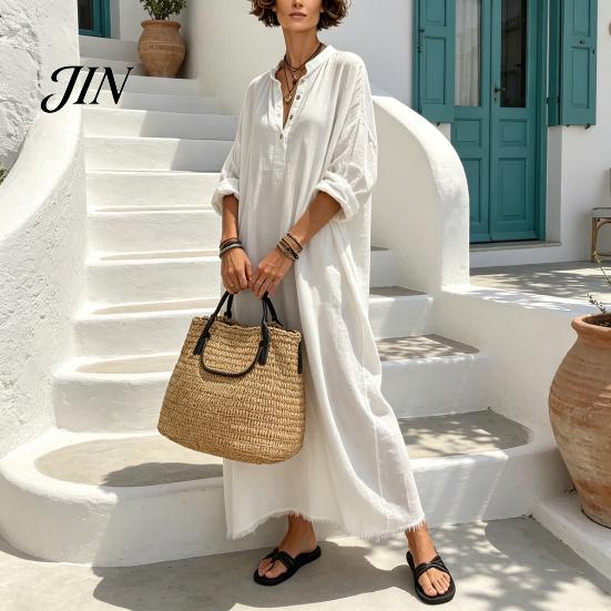Women Summer Party Dress Maxi for Women, V-Neck Casual Oversized Boho Long Comfortable Daily Wear Dress, Sleeve Button Up Vacation Sundress