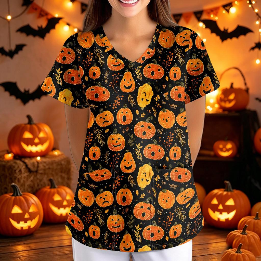 Women's Halloween Print Loose Fit V Neck Short Sleeve Medical Scrub Top with Pockets for Healthcare Professionals Nurse Uniform
