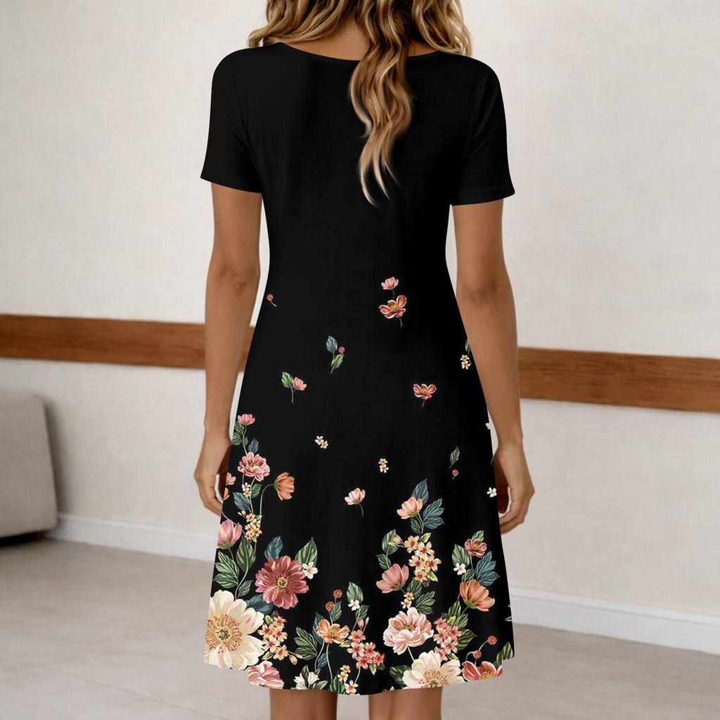 Women's Fashion Retro Print Round Neck Short Sleeve Buttoned Casual Dress
