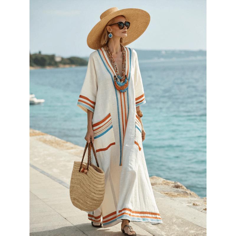 3D digital printing V-neck five-quarter sleeve long pocket Kaftan dress
