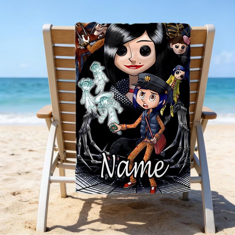 1pc Coraline2 Beach Towel with Custom Name, Beach/Swimming/Bath/Picnic/Camping Towel, Suitable for Seaside Beaches