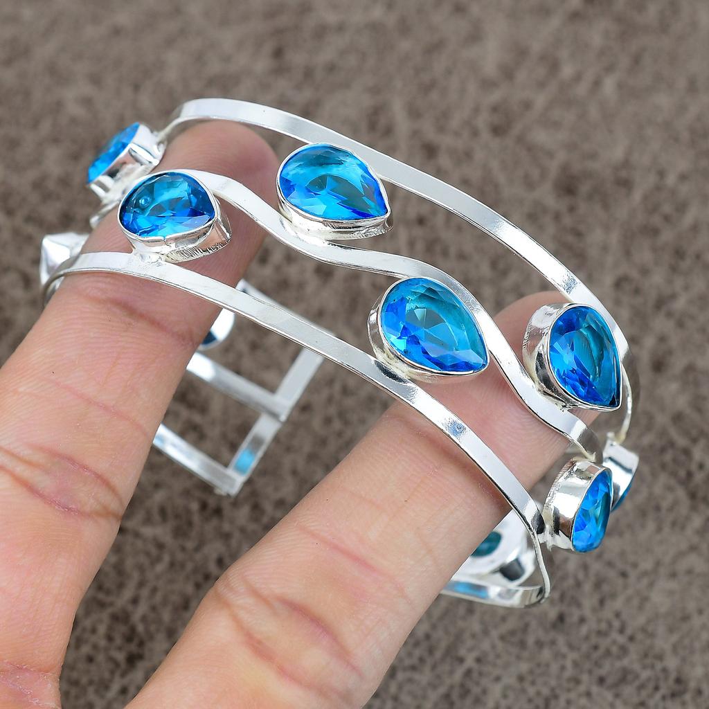 Swiss Blue Topaz Gemstone 925 Sterling Silver Cuff Bangle Adjustable KKG-201