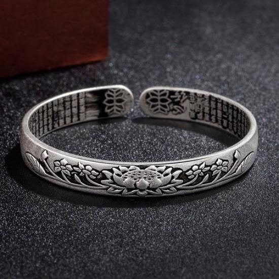 Women's Men Silver Lotus Vintage Calmness Cuff Bracelet Bangle Thai Jewellery