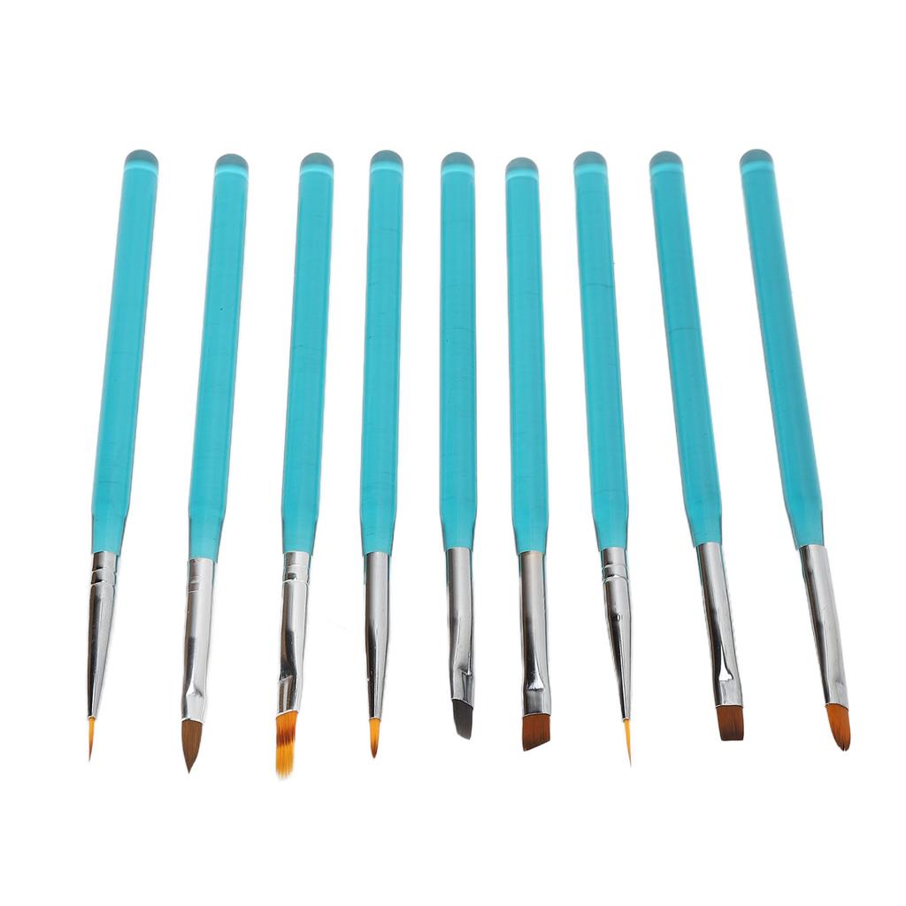 9Pcs Nail Art Brush Set Nylon Hair Nail Design Brushes with Transparent Blue Metal Rod for DIY Nail
