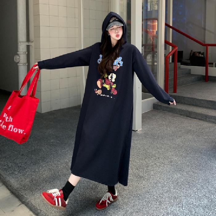 

Korean Style Fleece Hoodie Dress: Velvet Lined, Pockets, Slit, Double Hood, Winter Trend One Size