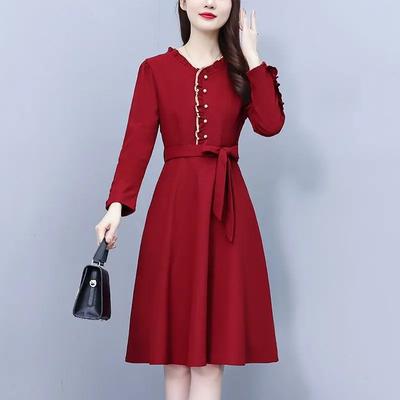 Women's Burgundy Long Sleeve Dress Button Detail Belted A-line Formal Casual Gown