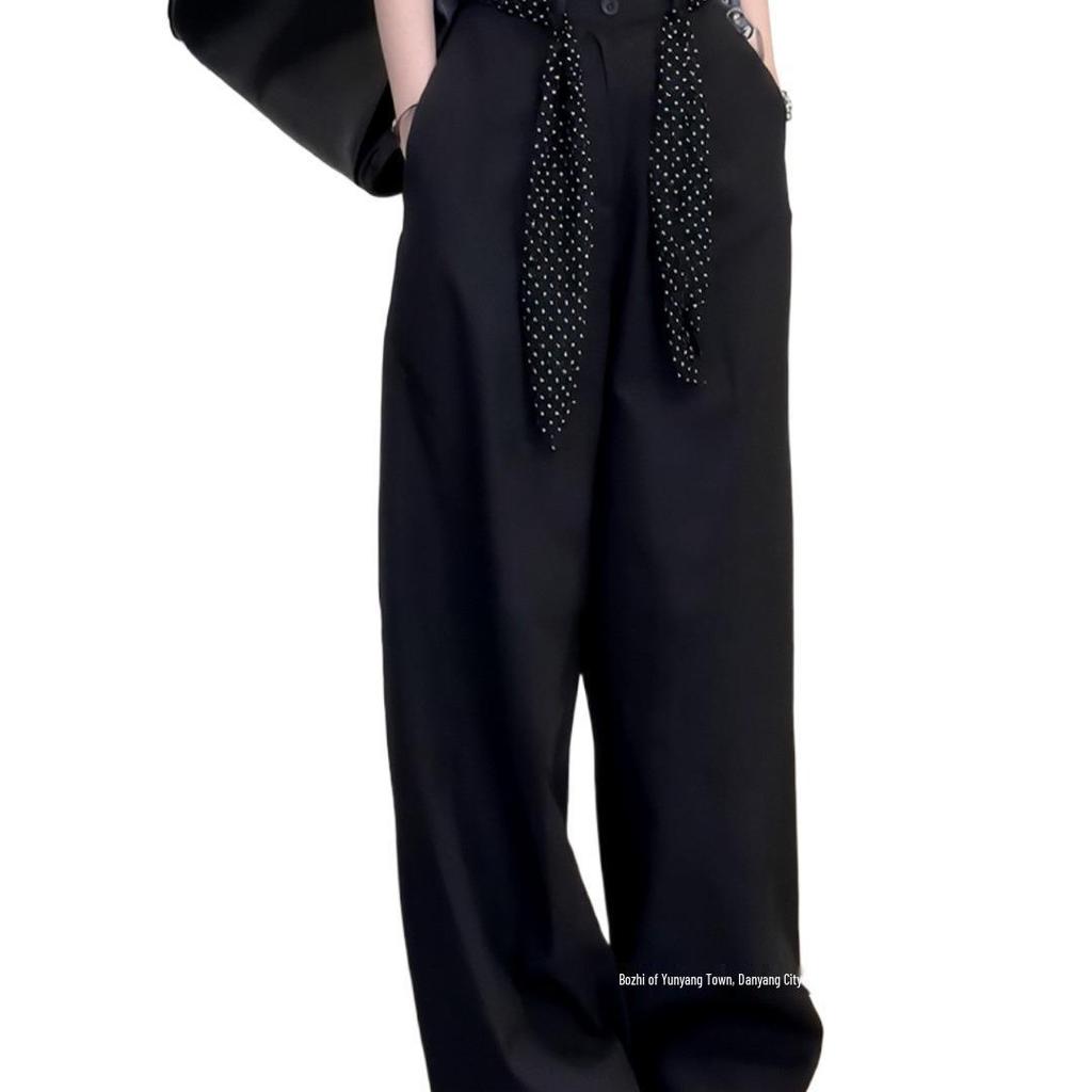 Women's High-End Black Wide-Leg Suit Pants: Autumn Loose-Fit, Slimming, Versatile, Straight-Leg, Floor-Length