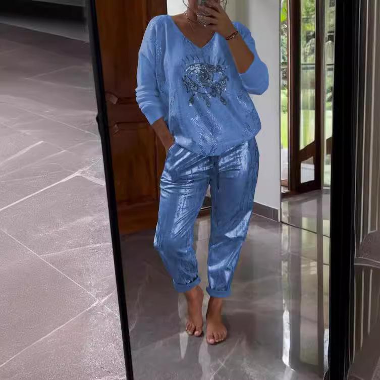 

Spring and Summer Ladies Fashion Suits, Bronzing Tops and Trousers, Shiny Suits, Plus Size Ladies Clothing L синий