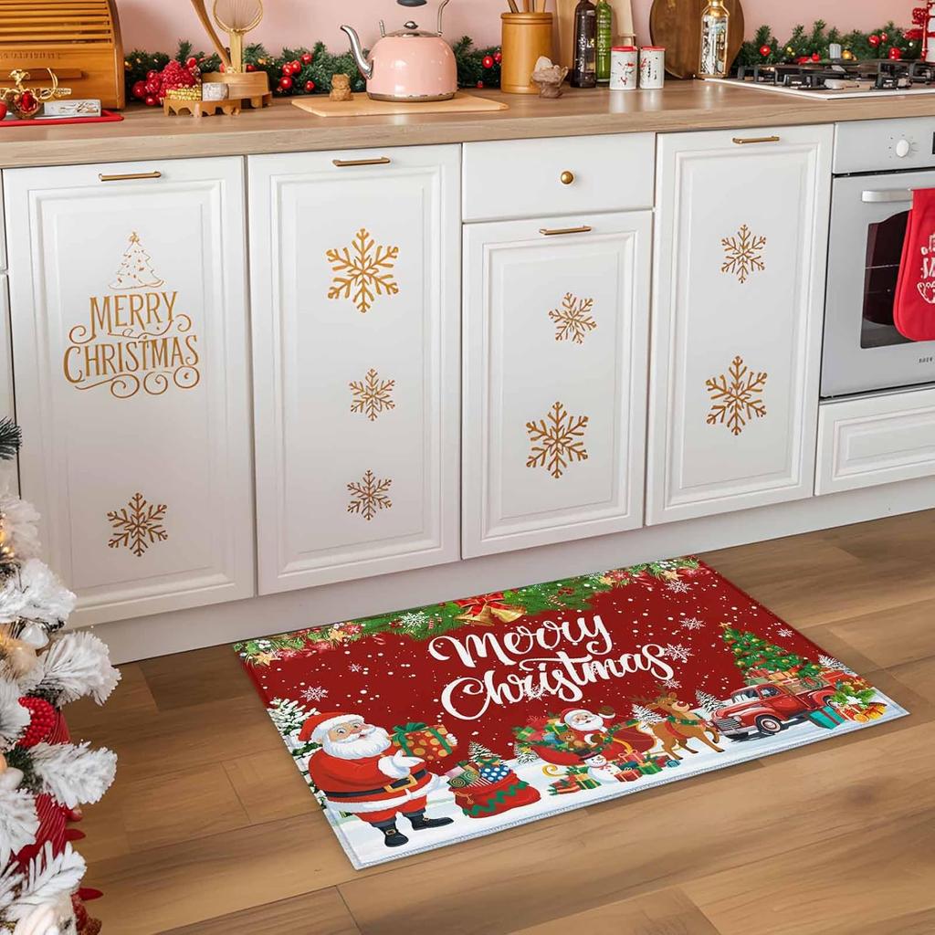 VIKAMA Red Christmas Happy Floor Mat Anti-Slip Washable Entry Floor Mat for Kitchen and Bedroom Winter Seasonal Decoration