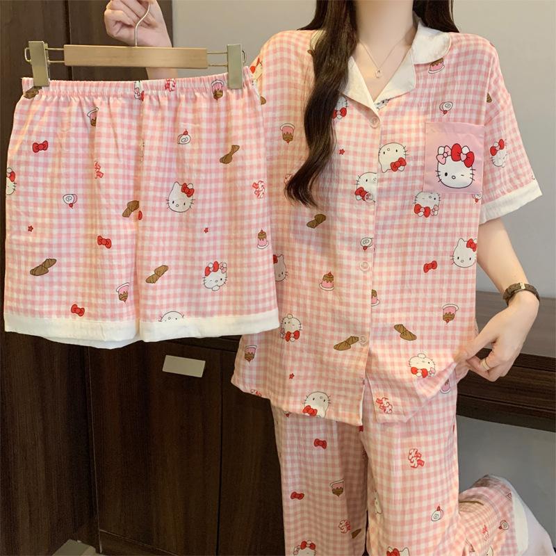Cloud Cotton Pajamas Women'S Summer Sweet Girl Soft Short-Sleeved Three-Piece High-Value Cartoon Loungewear