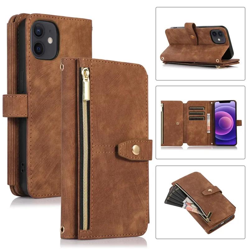 Long Lanyard Flip Leather Phone Case for iPhone 17 Air 16E 16 Pro Max 15 Plus 14 13 12 11 XS XR X Zipper Wallet Multi Card Cover