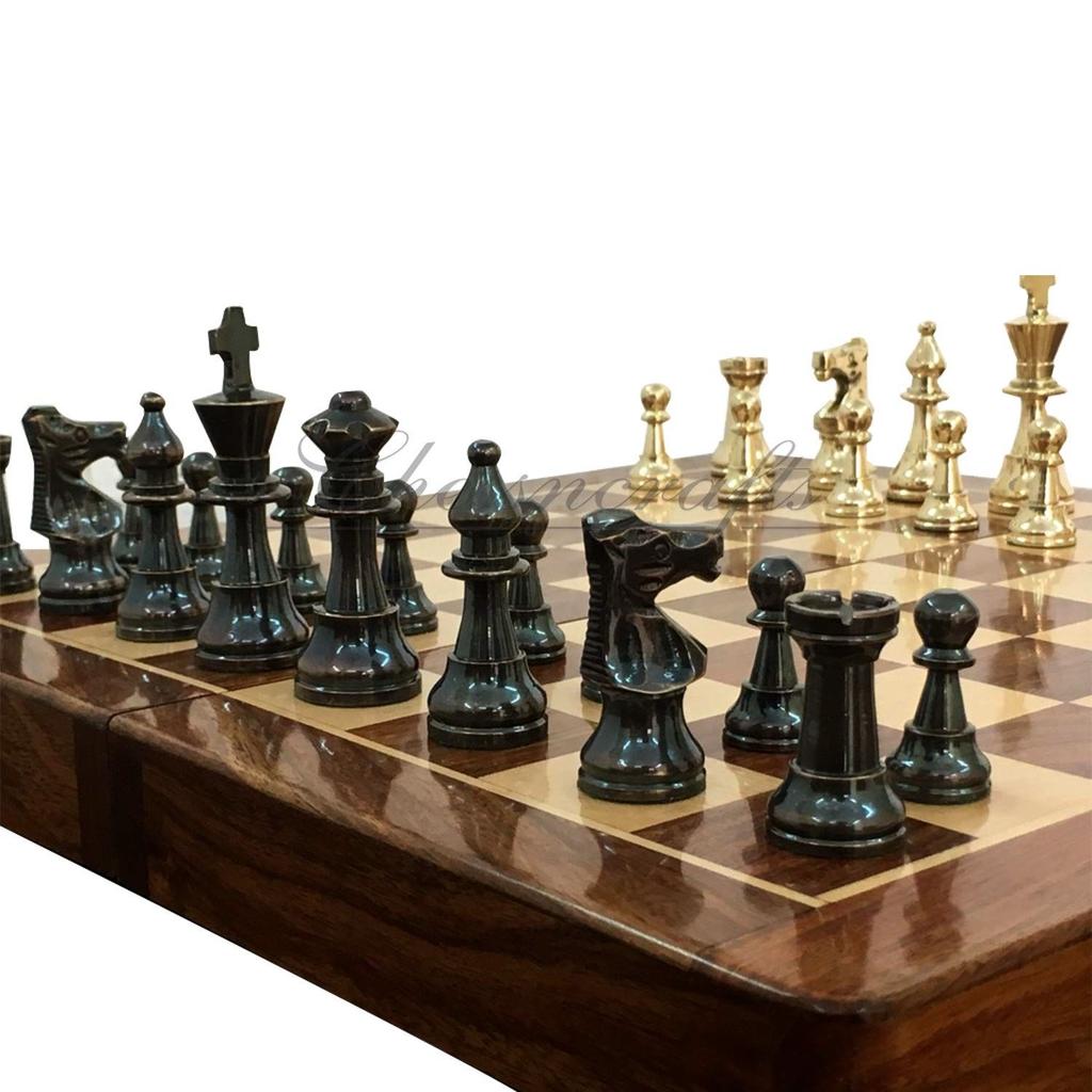 Brass Metal Staunton Chess Pieces/Coins Set with Folding Wooden Chess Board 14 Inches 2 Players (Non Magnetic)