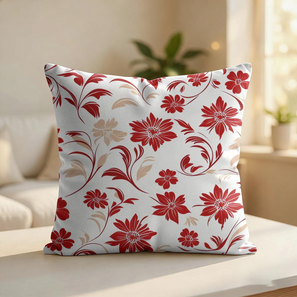 Red Floral Pattern Cushion Cover Silky Short Plush Invisible Zipper Dustproof Sofa Pillow Case For Home Decor