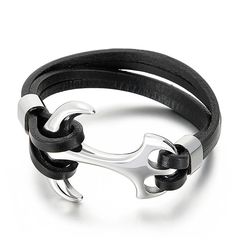 KALEN Various Multi-layer Stainless Steel Anchor Men Cowhide Leather Bracelet 23cm&Vintage