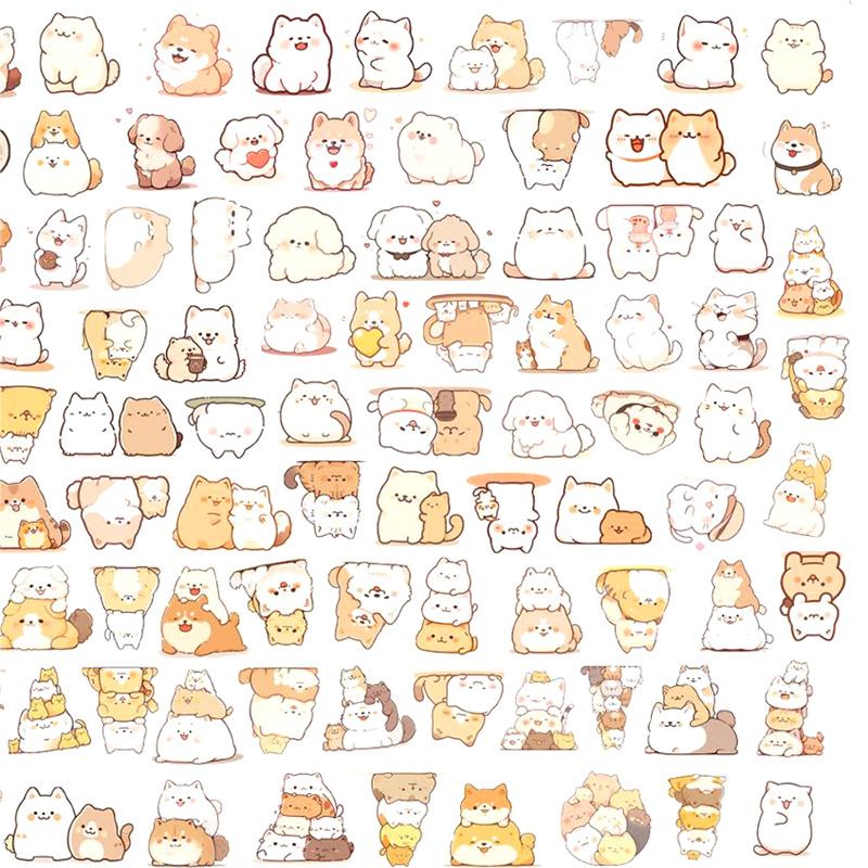 108Sheets Kawaii Cartoon Cats Dog Stickers Cute Diary Album Decoration Stickers Aesthetic Stationery School Supplies Gift