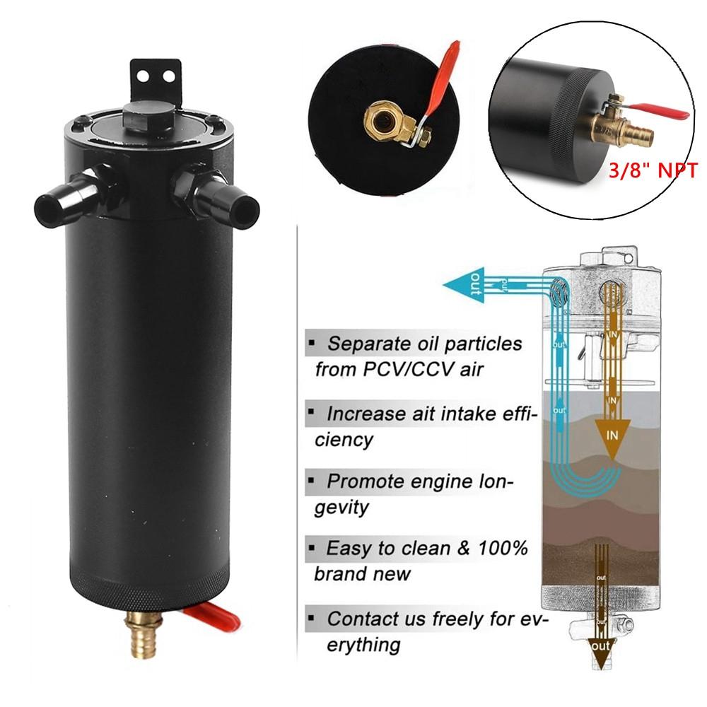 Universal Oil Catch Can with Breather Filter Drain Valve Plug 2-port Billet Aluminum Baffled Oil Separator Reservoir Tank